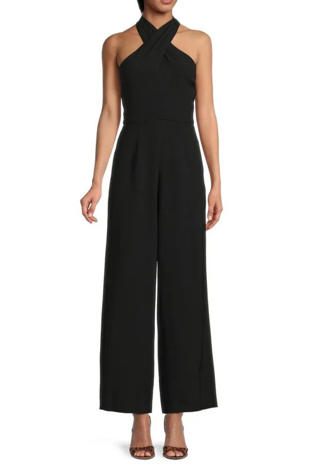 Julia Jordan Stretch Criss Cross Halter Neckline Sleeveless Crepe Jumpsuit With Pockets