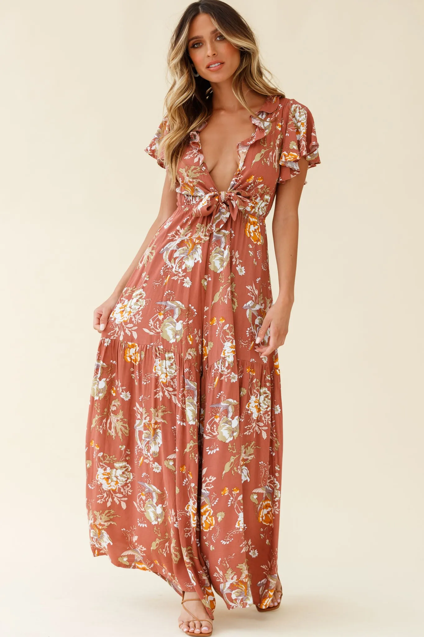 Kasey Tied Bust Wide Leg Floral Print Jumpsuit Rose