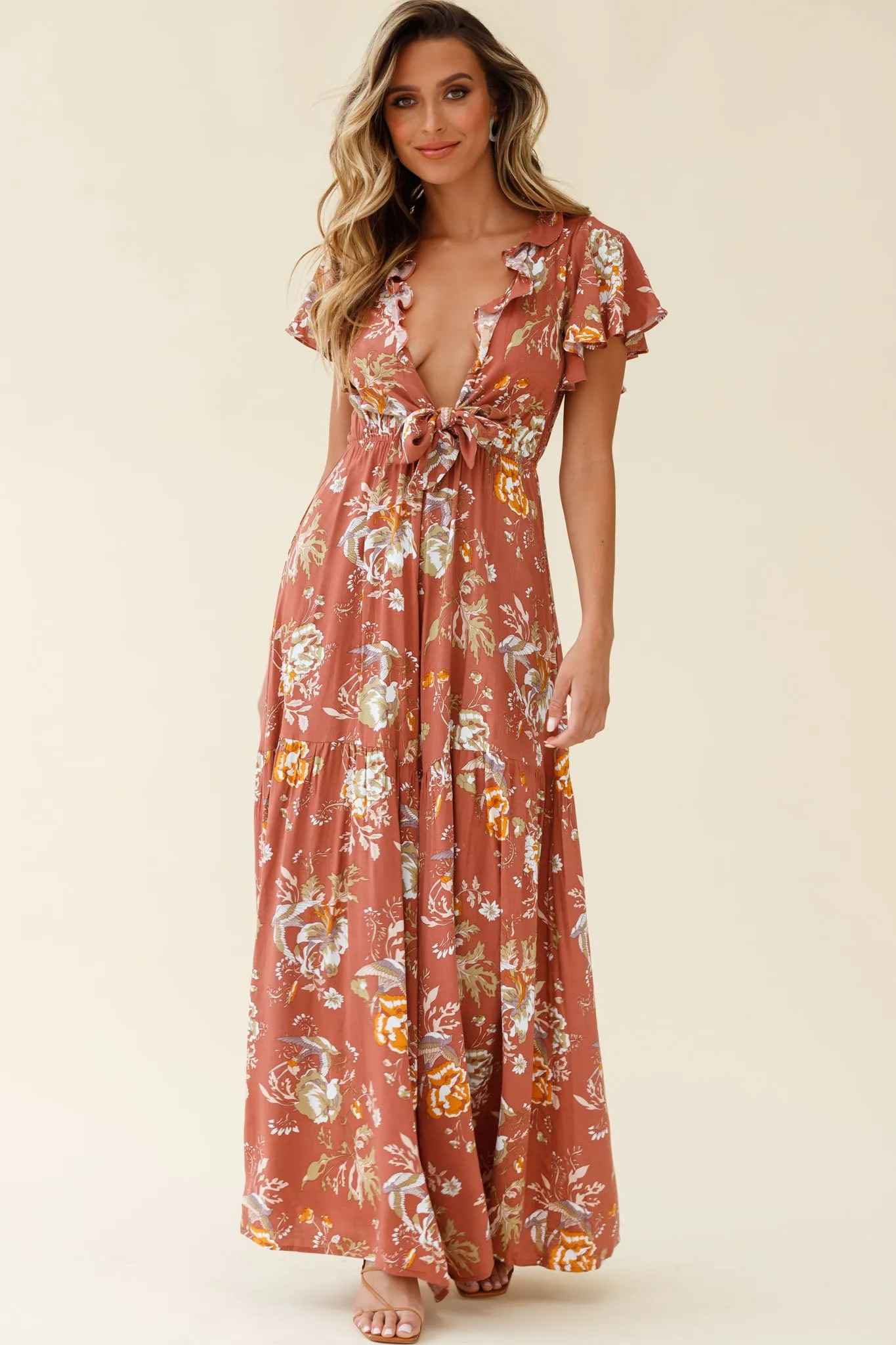 Kasey Tied Bust Wide Leg Floral Print Jumpsuit Rose