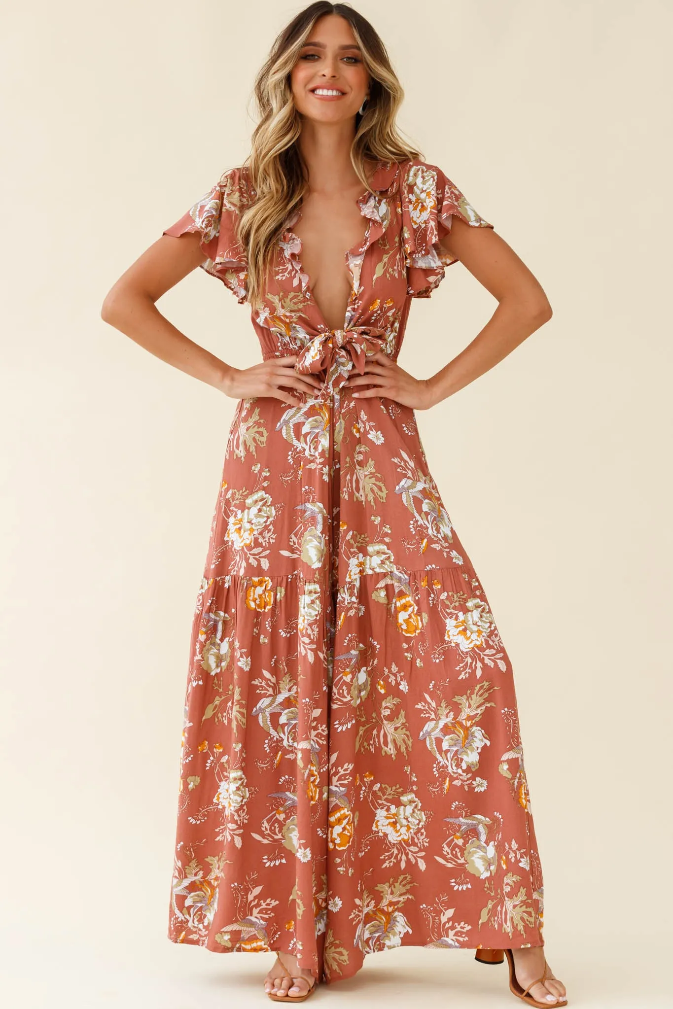 Kasey Tied Bust Wide Leg Floral Print Jumpsuit Rose