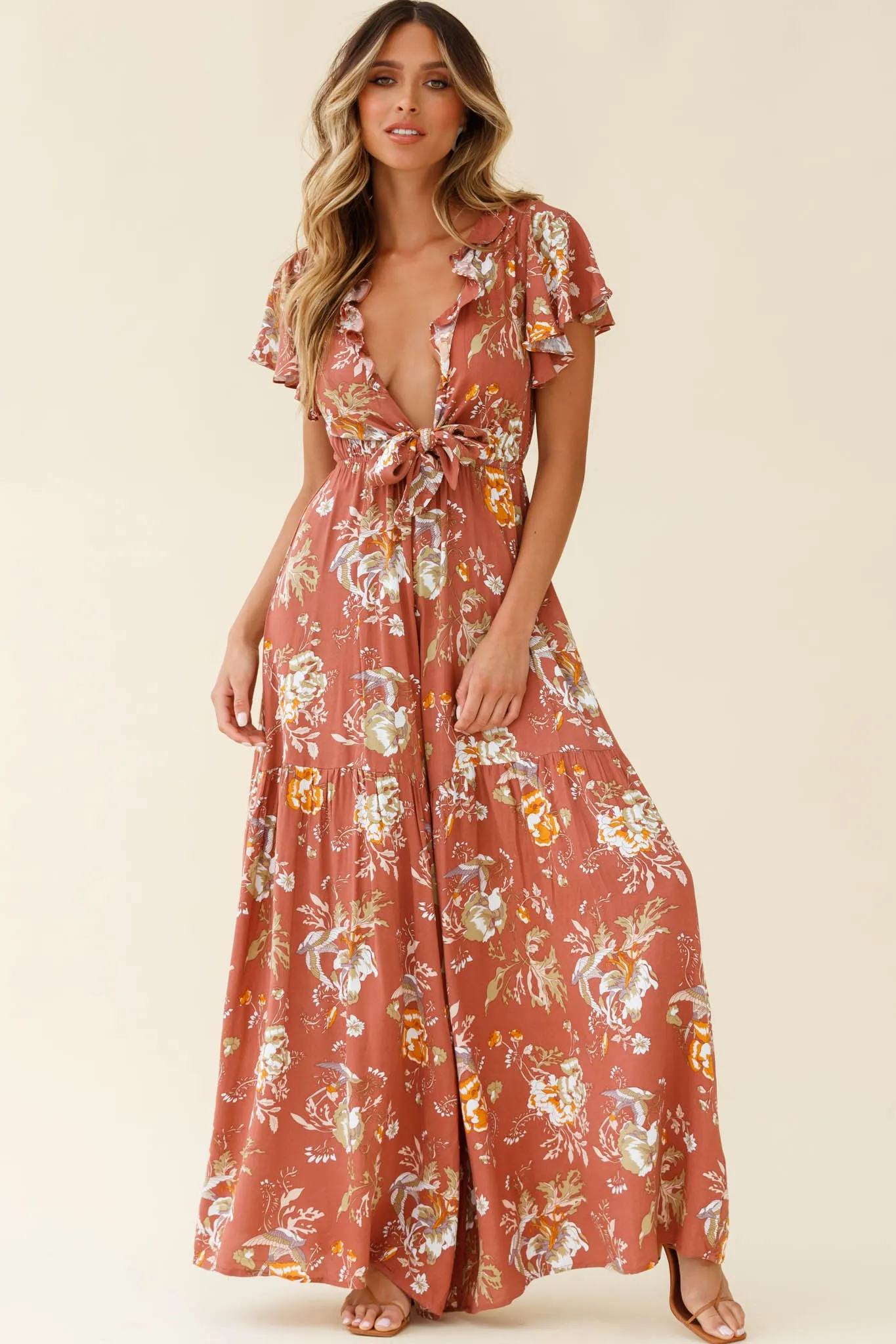 Kasey Tied Bust Wide Leg Floral Print Jumpsuit Rose