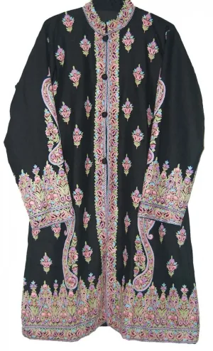 Kashmiri Woolen Coat Black, Multicolor Embroidery #AO-1061