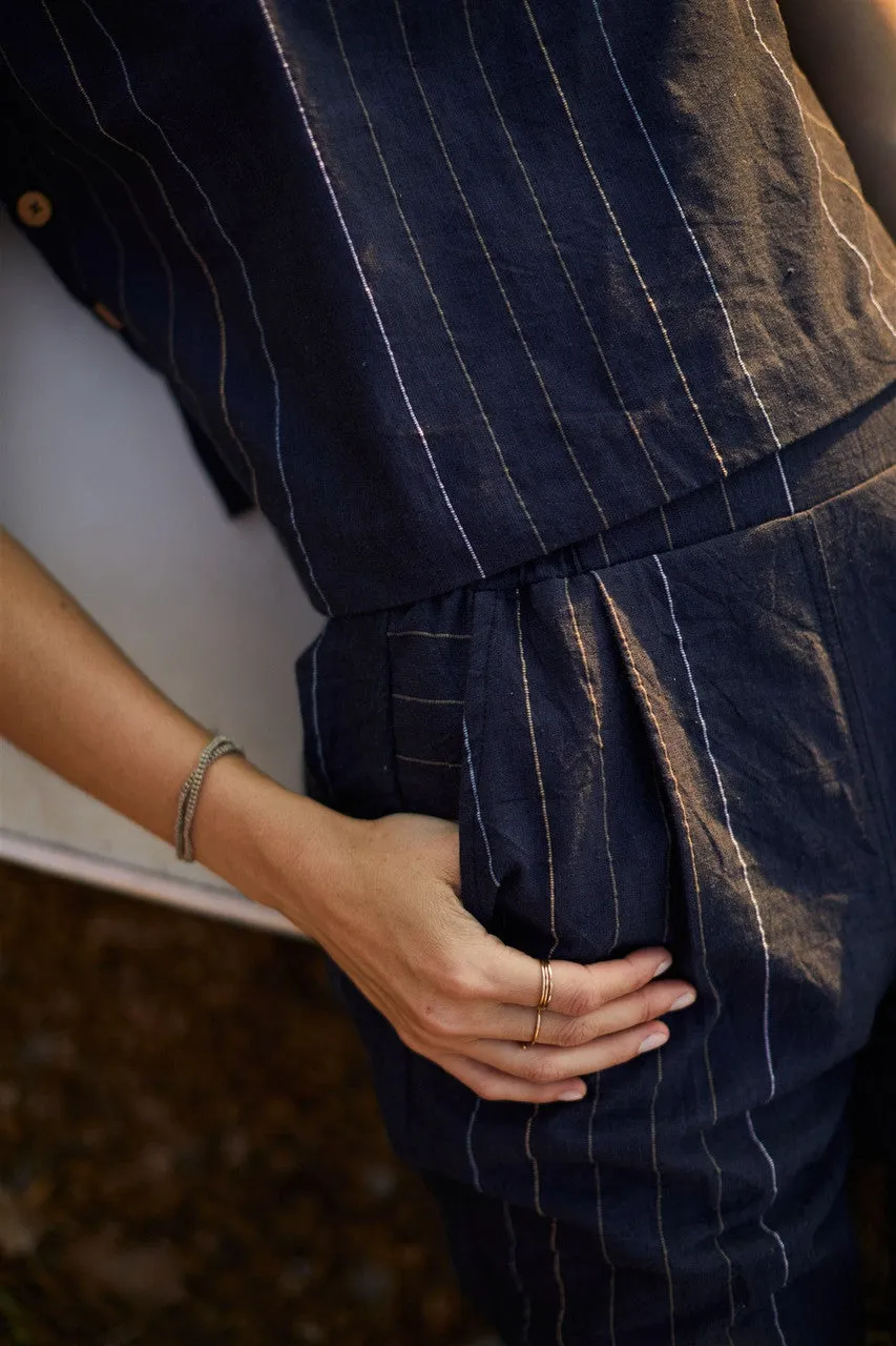 Katie Handwoven Cotton Set in Navy Pin Stripe