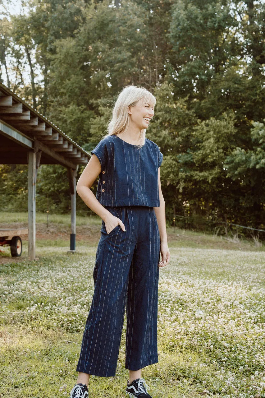 Katie Handwoven Cotton Set in Navy Pin Stripe