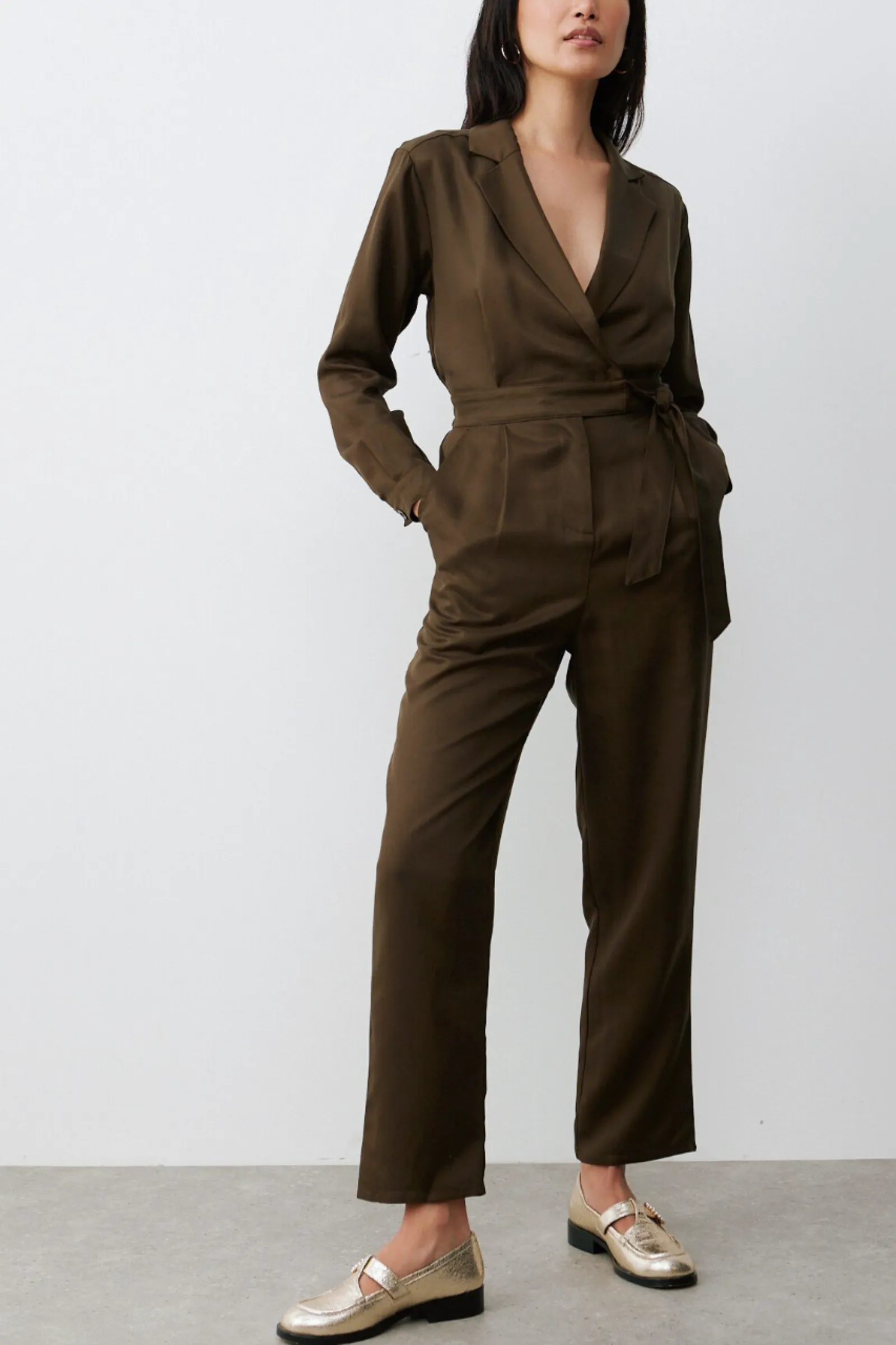 Khaki Green Wrap Wide Leg Jumpsuit