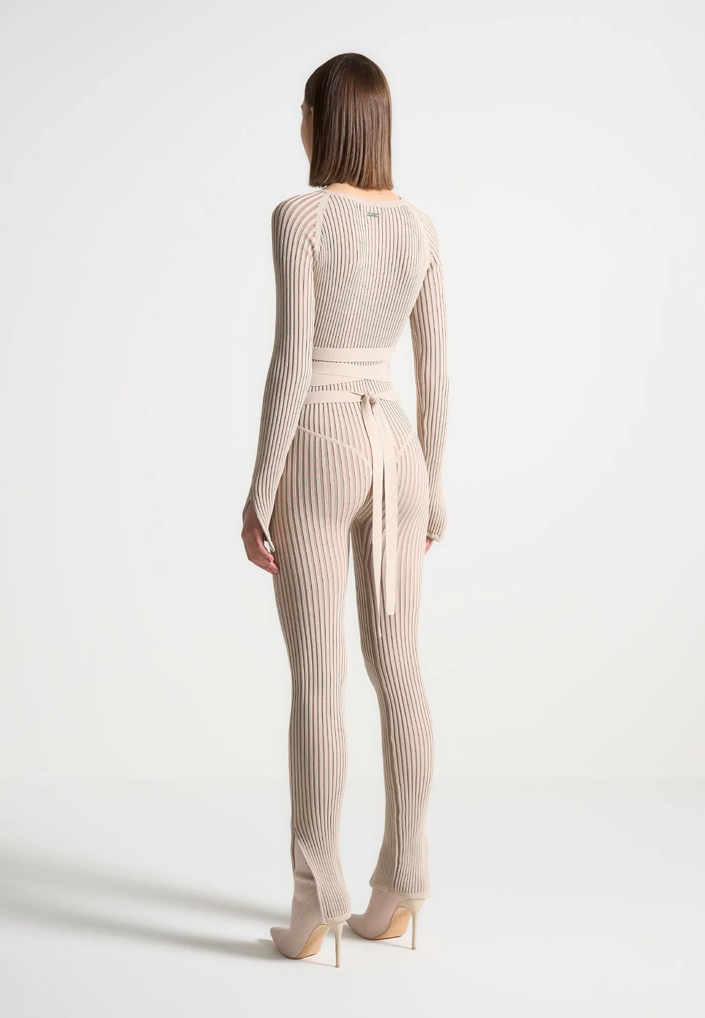 Knitted Two Tone Jumpsuit with Belt - Beige/Taupe