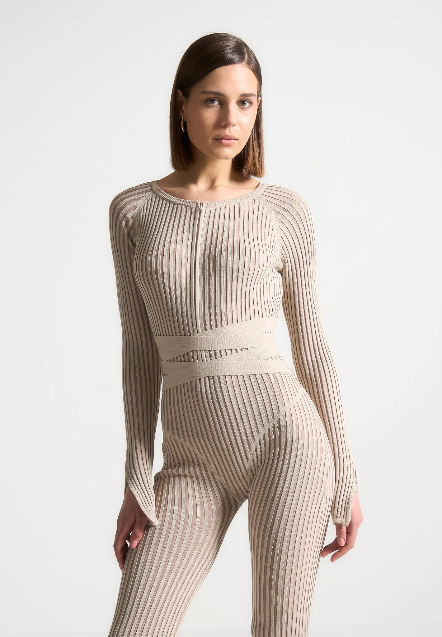 Knitted Two Tone Jumpsuit with Belt - Beige/Taupe