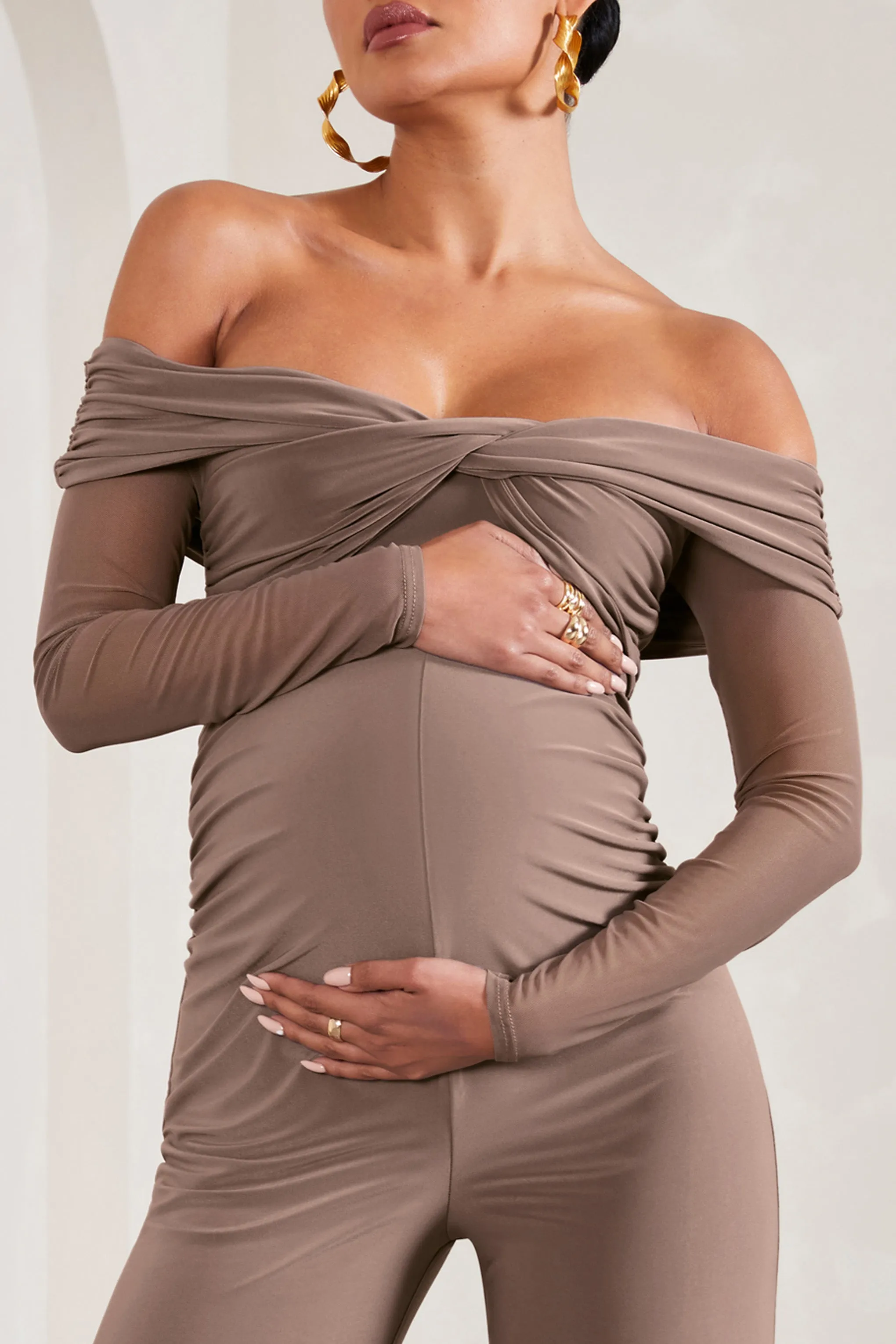 Kyla | Mocha Ruched Bardot Long-Sleeved Wide-Leg Maternity Jumpsuit