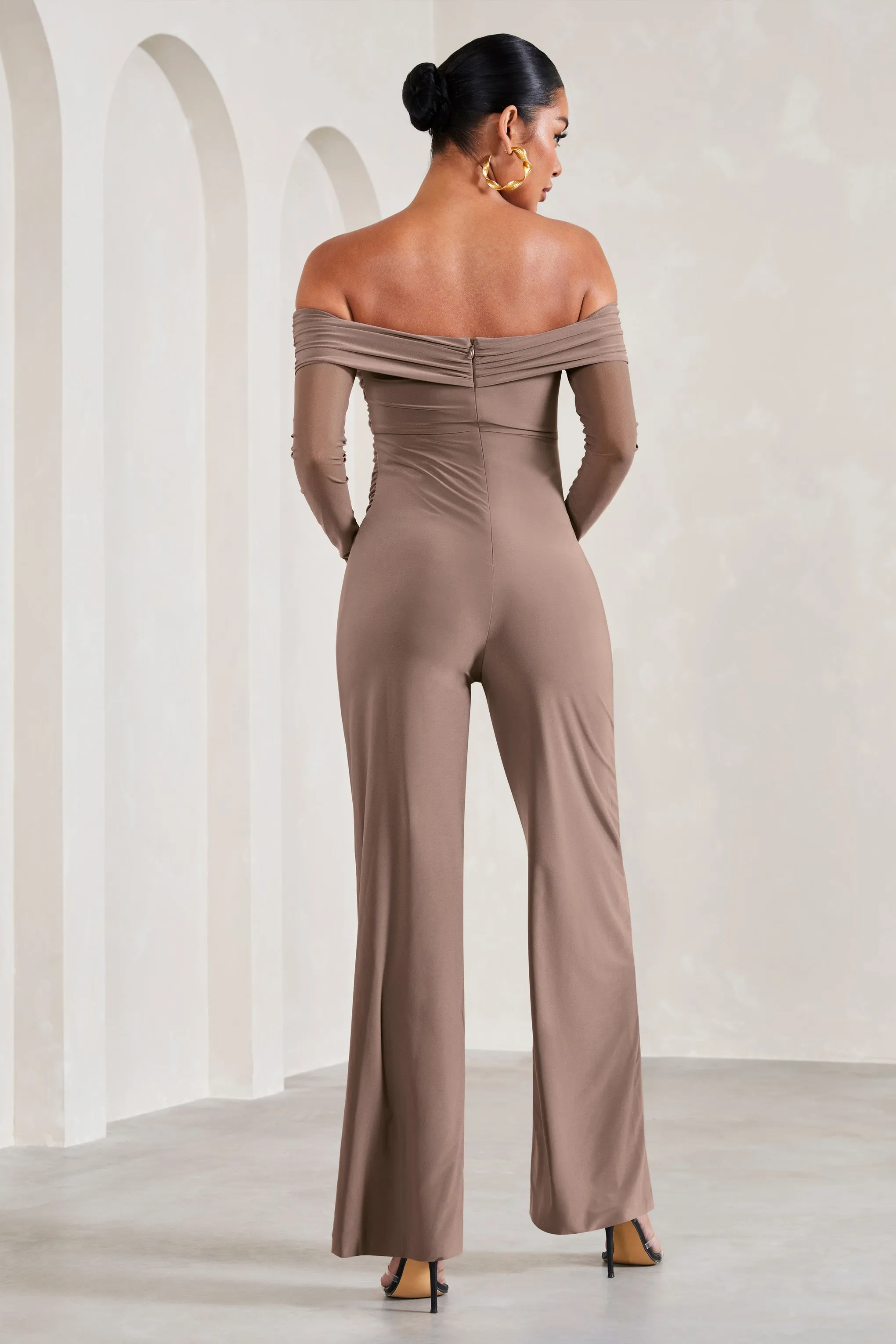 Kyla | Mocha Ruched Bardot Long-Sleeved Wide-Leg Maternity Jumpsuit