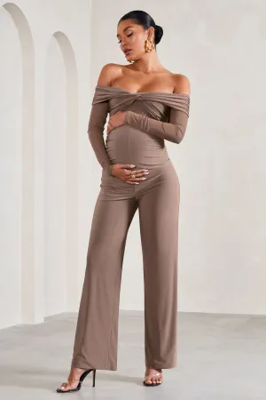 Kyla | Mocha Ruched Bardot Long-Sleeved Wide-Leg Maternity Jumpsuit