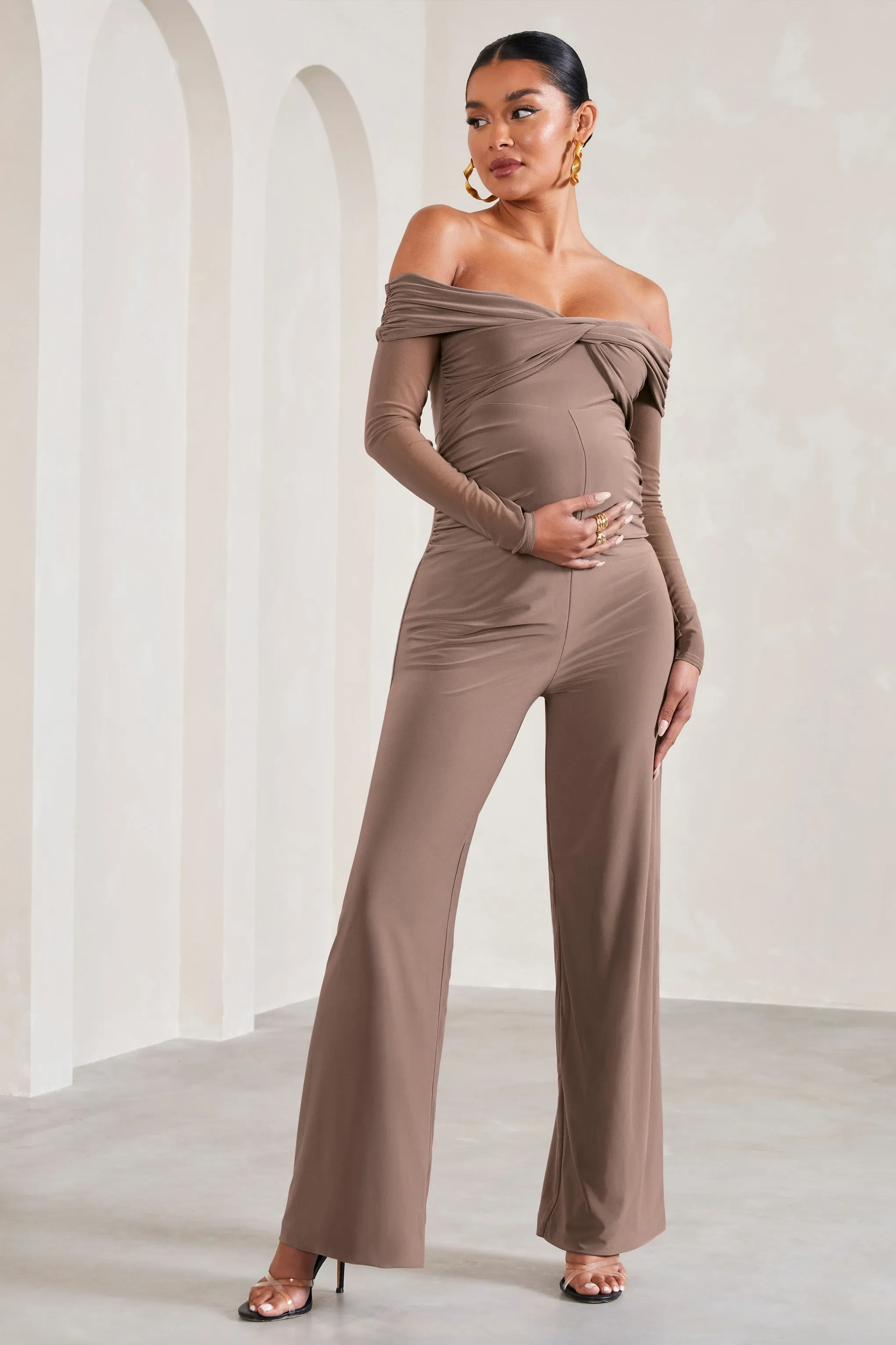 Kyla | Mocha Ruched Bardot Long-Sleeved Wide-Leg Maternity Jumpsuit