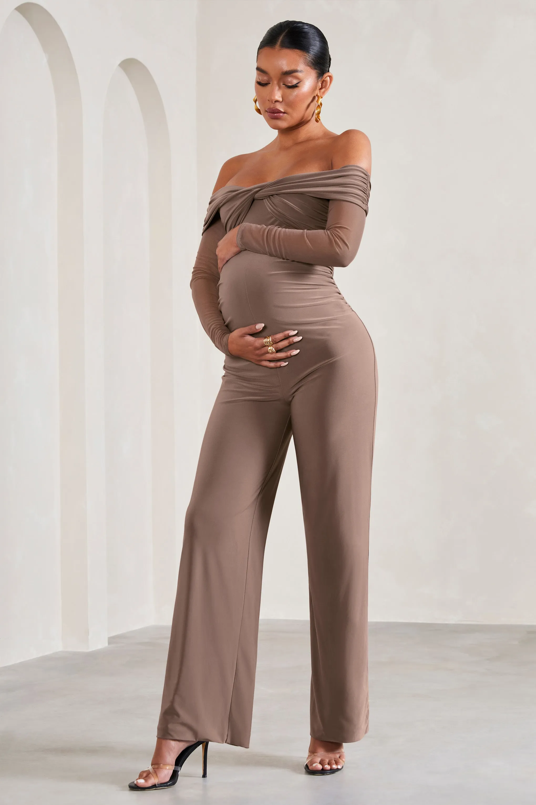 Kyla | Mocha Ruched Bardot Long-Sleeved Wide-Leg Maternity Jumpsuit