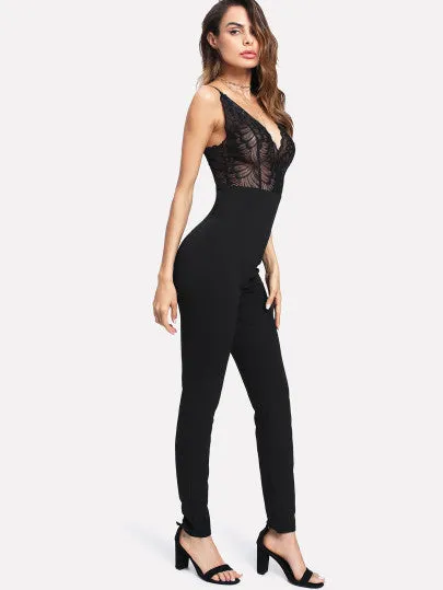 Lace deep v bodycon jumpsuit