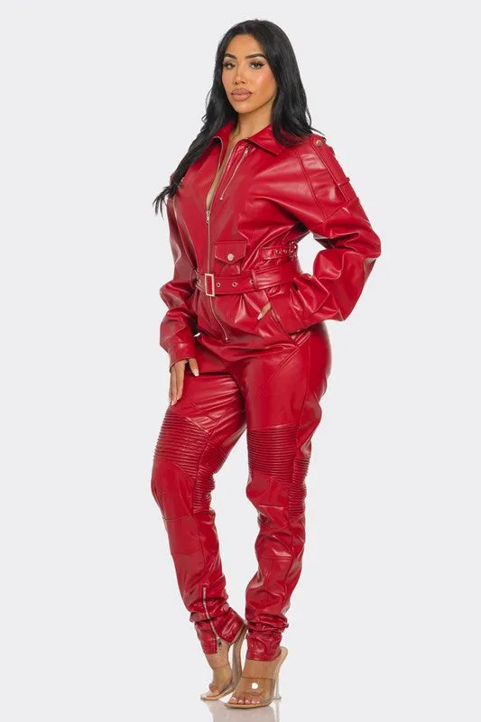 Lady in Red- Faux Leather Red Jumpsuit