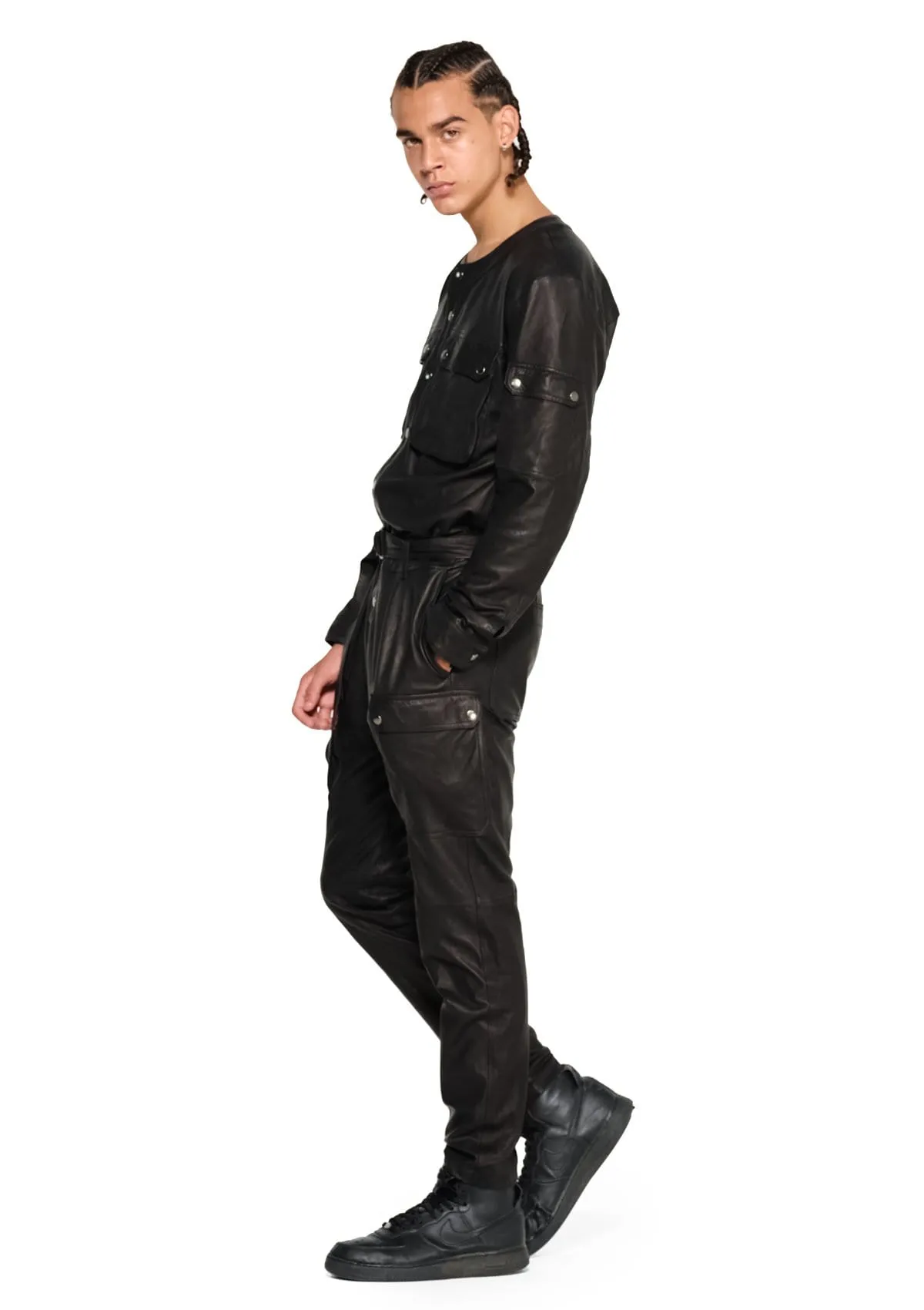 LEATHER CARGO JUMPSUIT IN BLACK