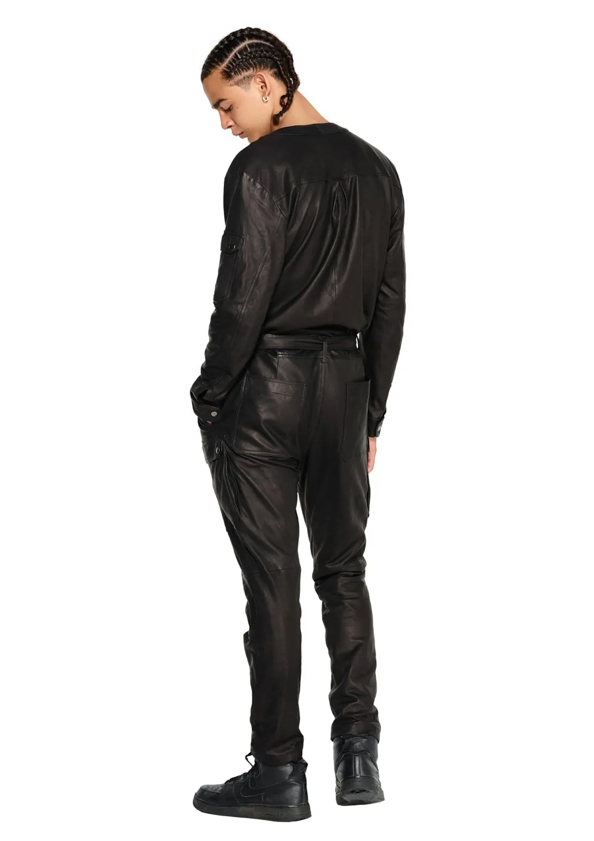 LEATHER CARGO JUMPSUIT IN BLACK