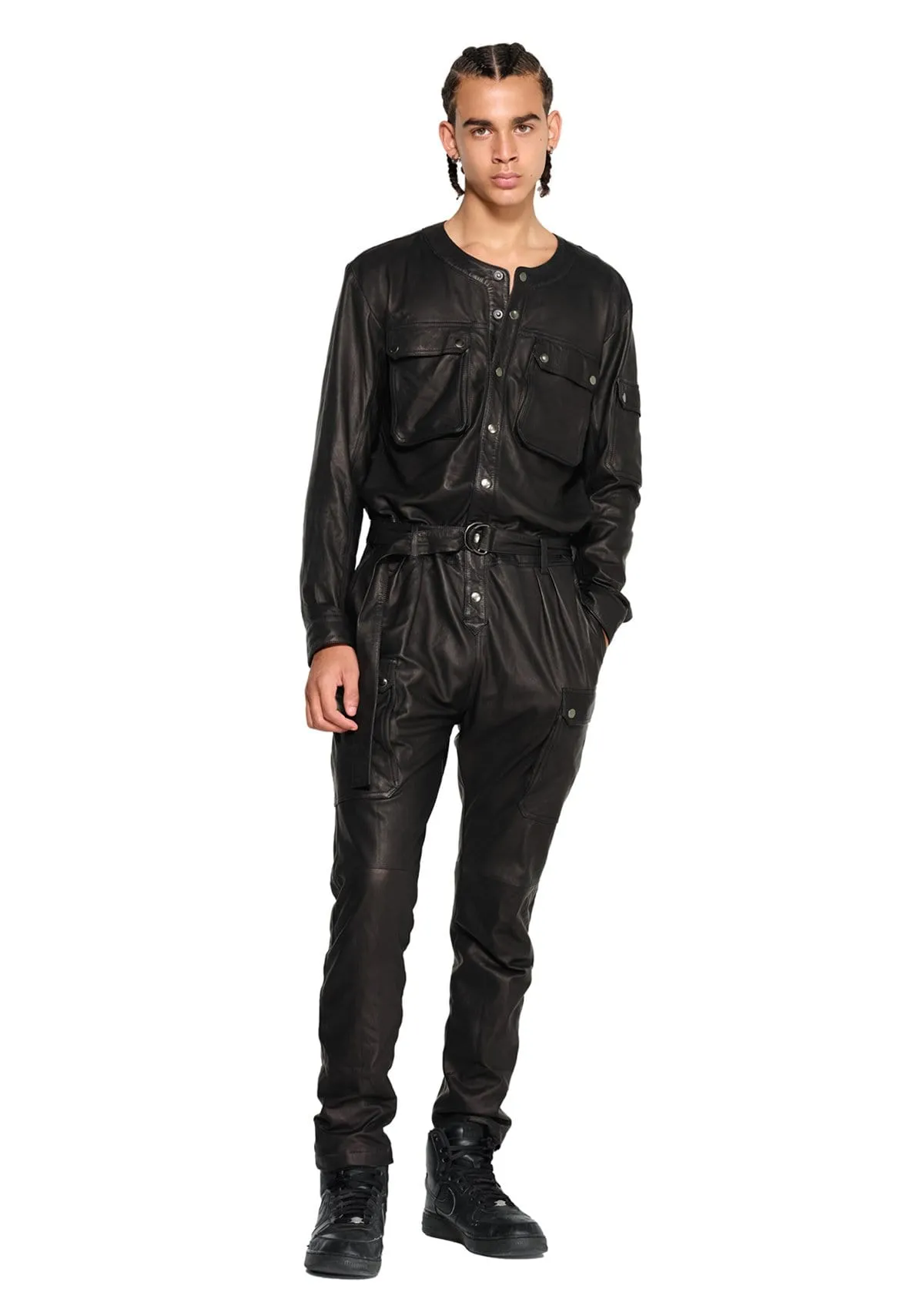 LEATHER CARGO JUMPSUIT IN BLACK