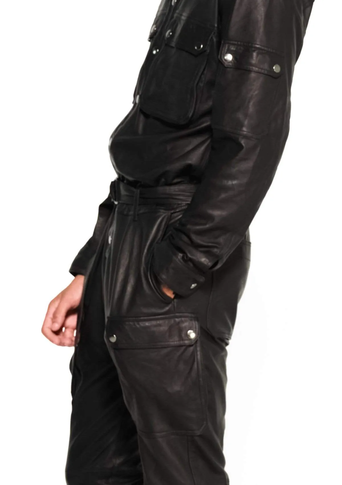 LEATHER CARGO JUMPSUIT IN BLACK