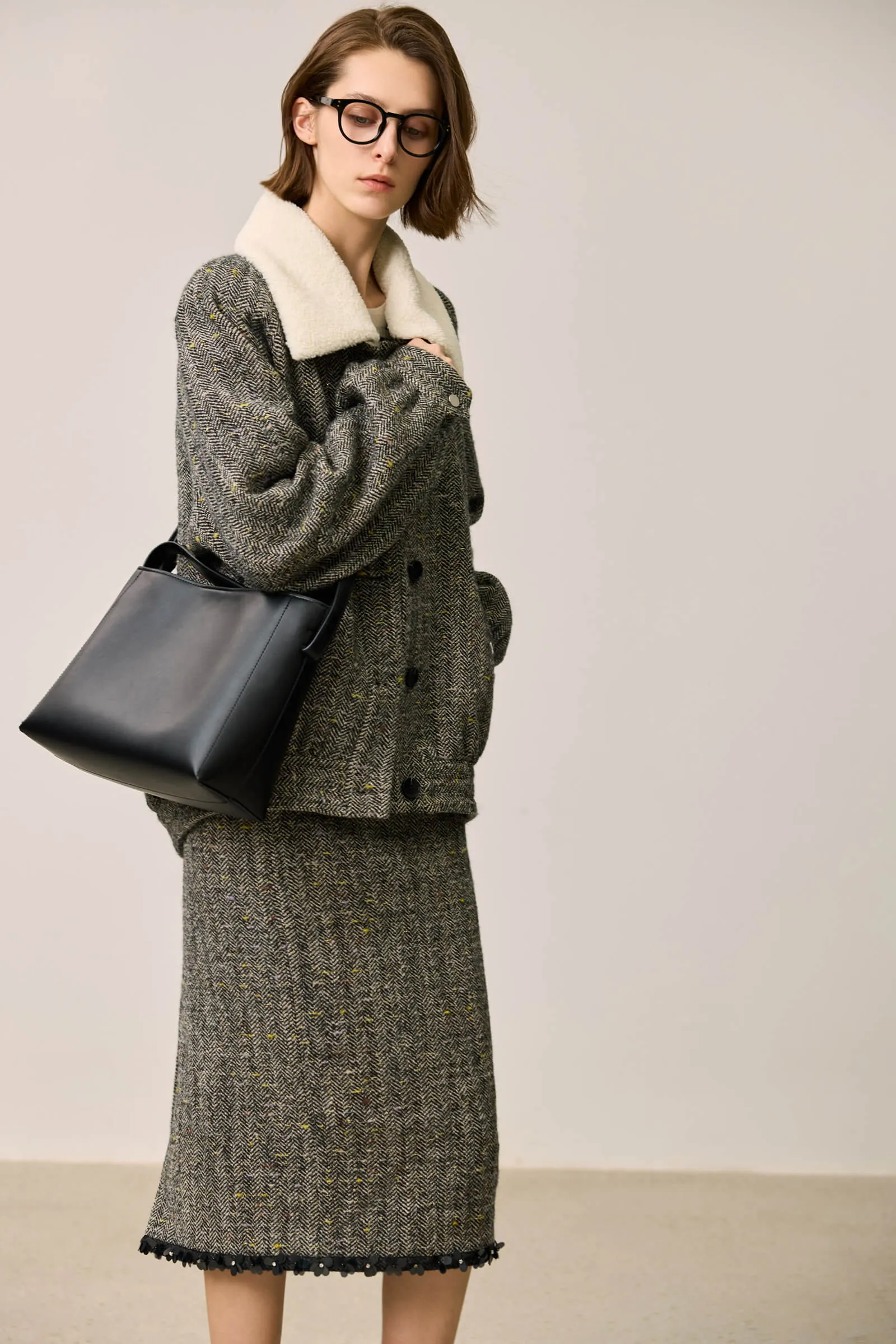 LILY Herringbone Textured Wool Coat