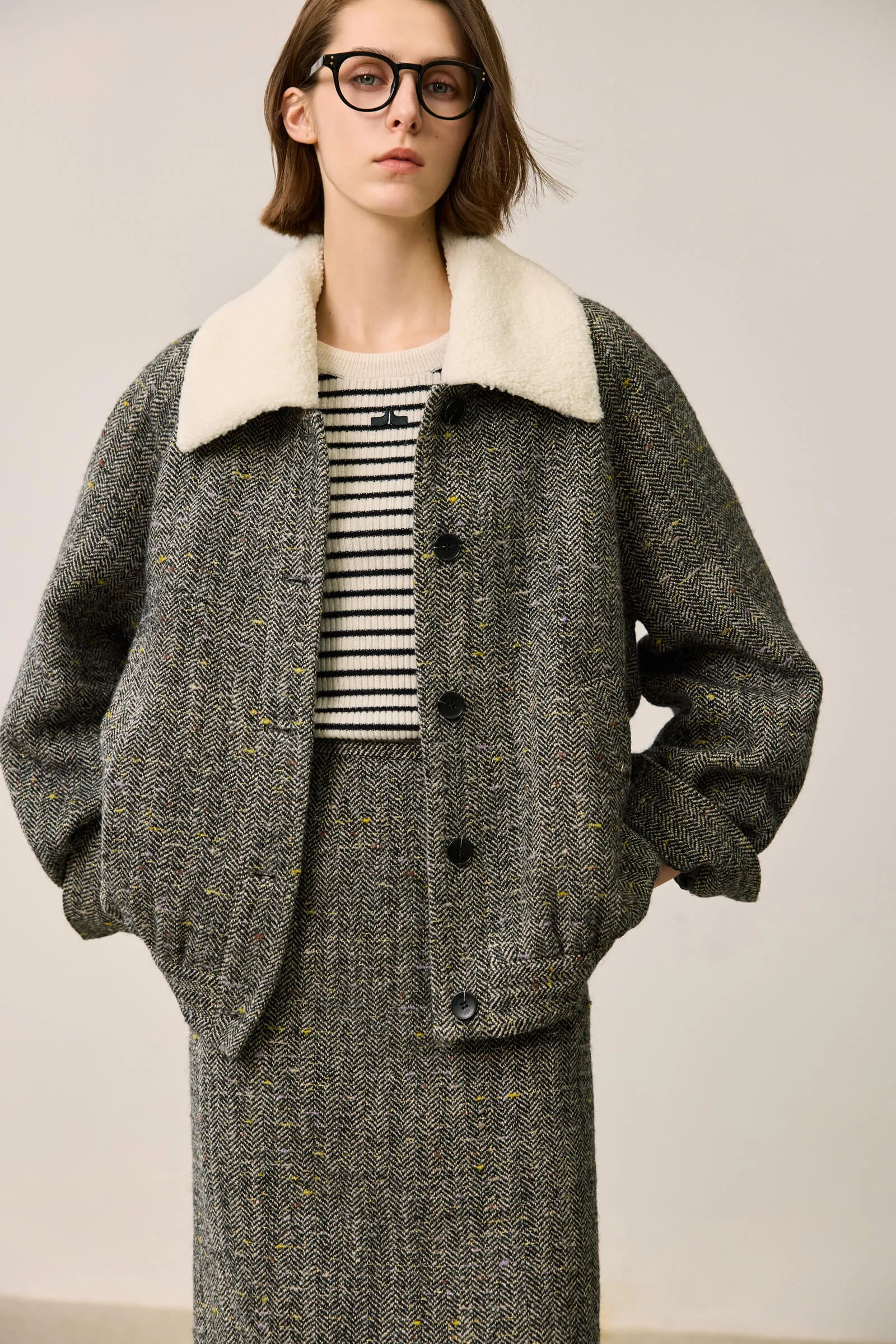 LILY Herringbone Textured Wool Coat