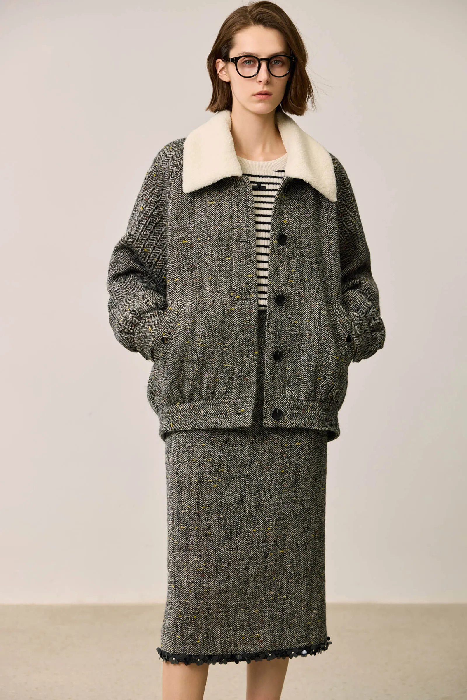 LILY Herringbone Textured Wool Coat