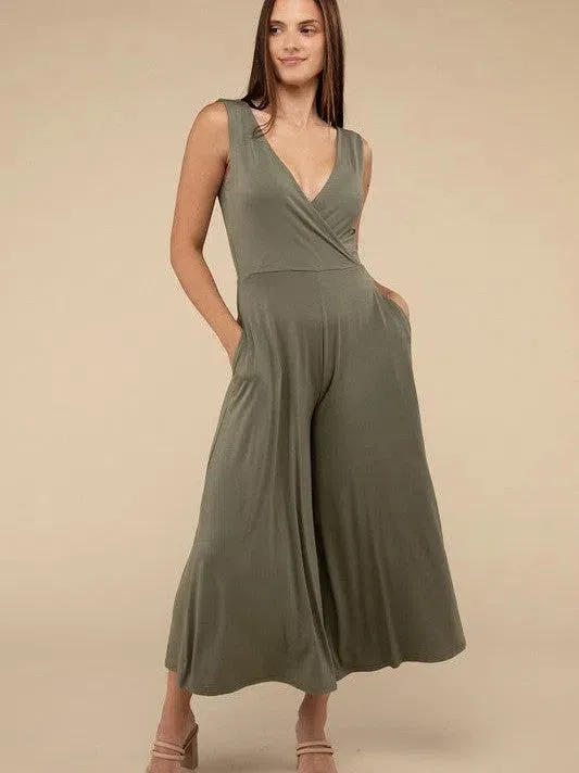 Living in the Now Surplice Neckline Sleeveless Jumpsuit