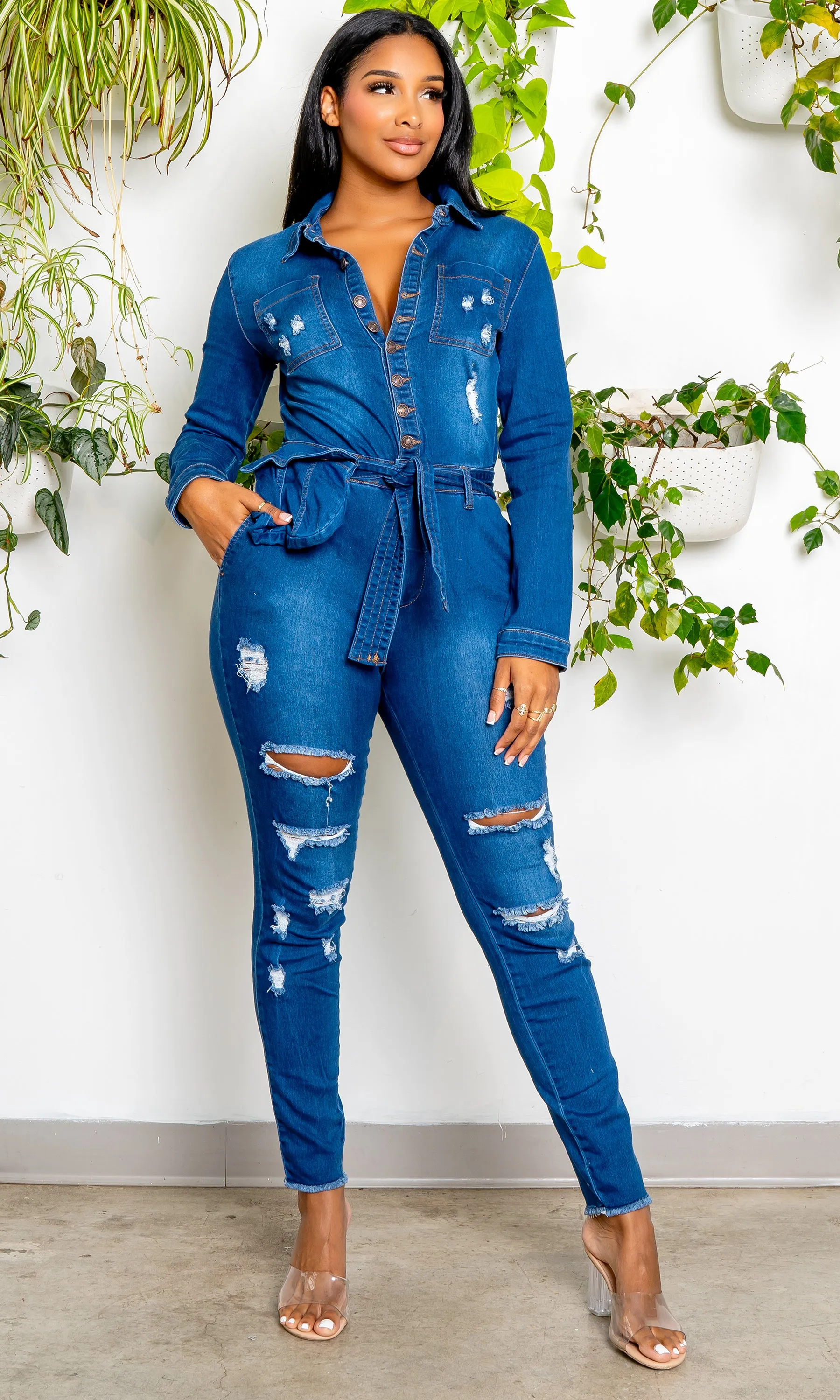 Long Sleeve Fanny Denim Jumpsuit - Medium Wash FINAL SALE