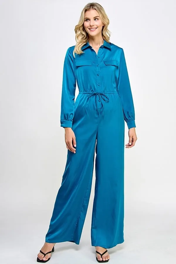 Long sleeve jumpsuit with waist drawstring