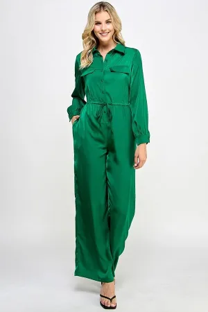 Long sleeve jumpsuit with waist drawstring