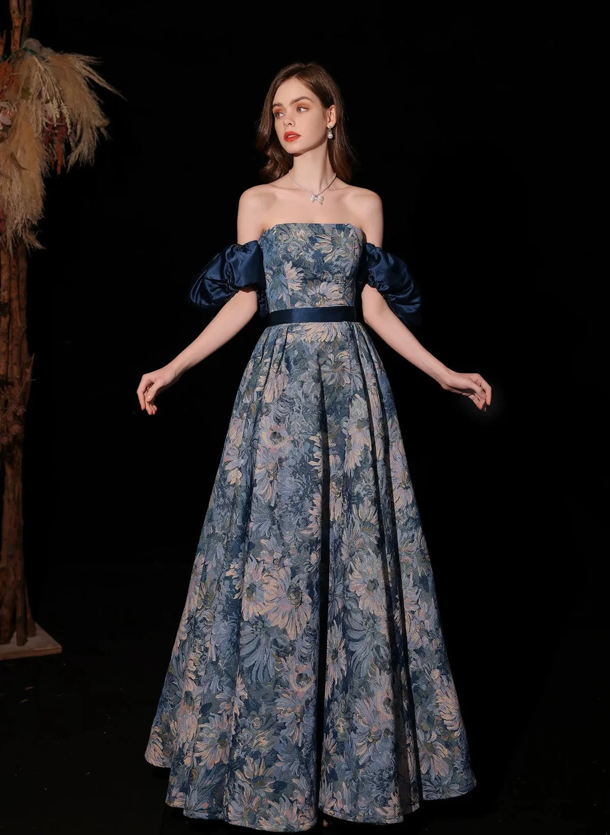 Lovely Blue Floral A-line Off Shoulder Party Dress, Blue Prom Dress Evening Dress