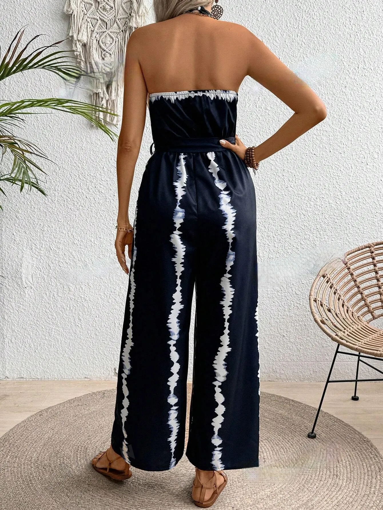 LUNE Casual Tie Dye Striped Wide Leg Halter Jumpsuit