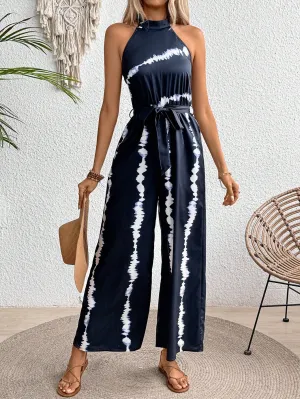 LUNE Casual Tie Dye Striped Wide Leg Halter Jumpsuit