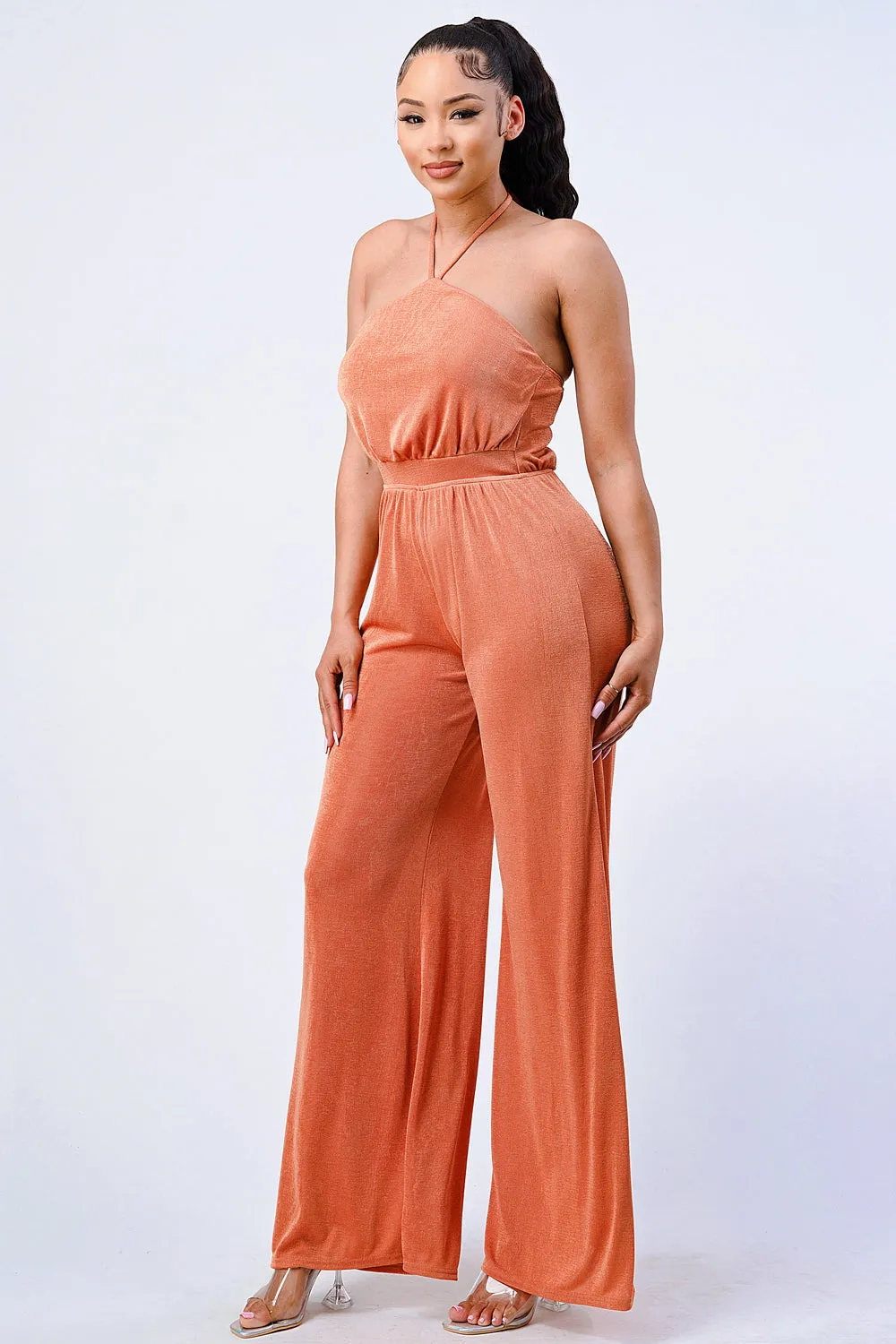 LUX HALTER NECK WIDE LEGS JUMPSUIT