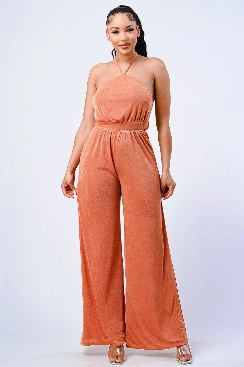 LUX HALTER NECK WIDE LEGS JUMPSUIT