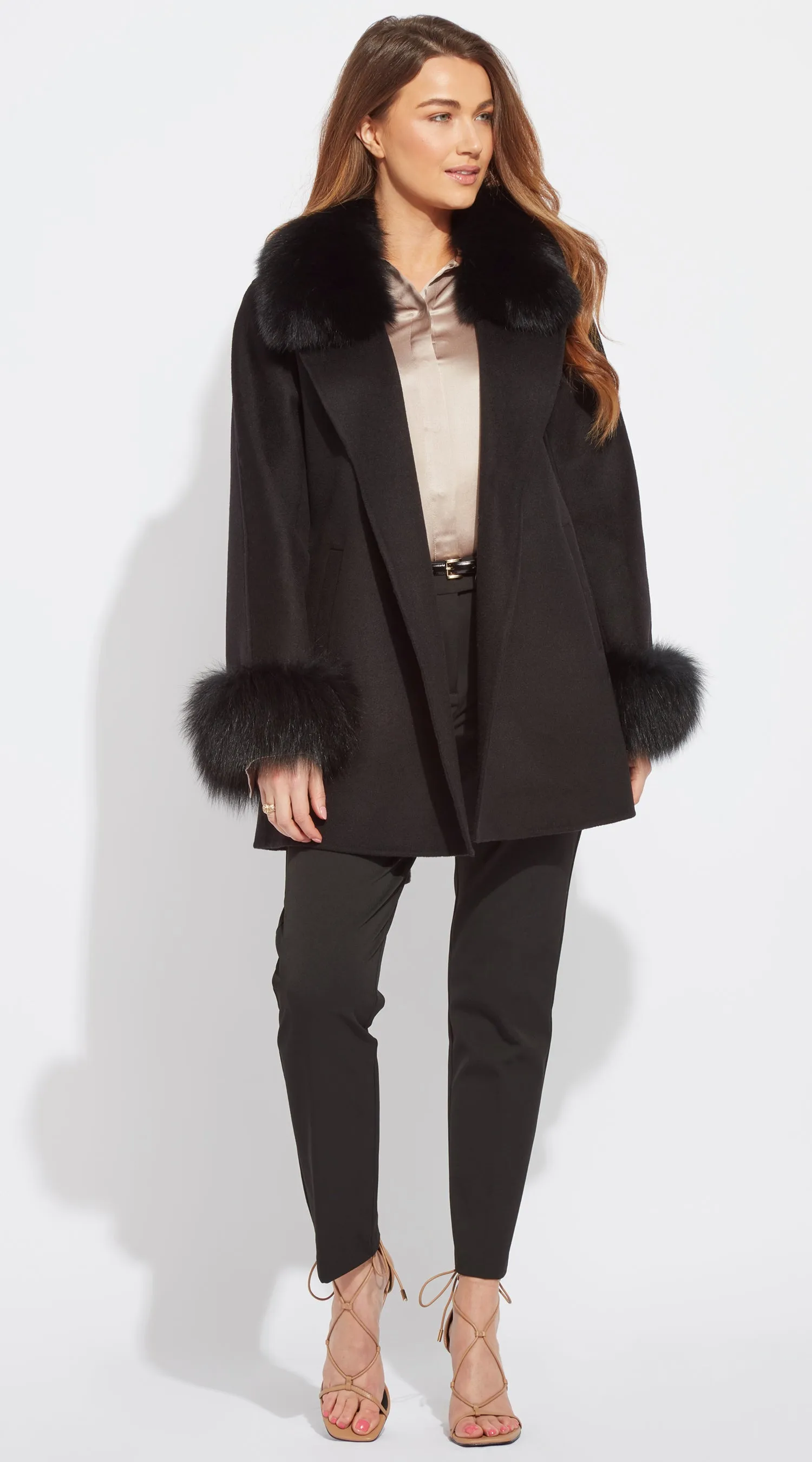 Luxy Cashmere & Fox Fur Belted Wrap Coat - Black