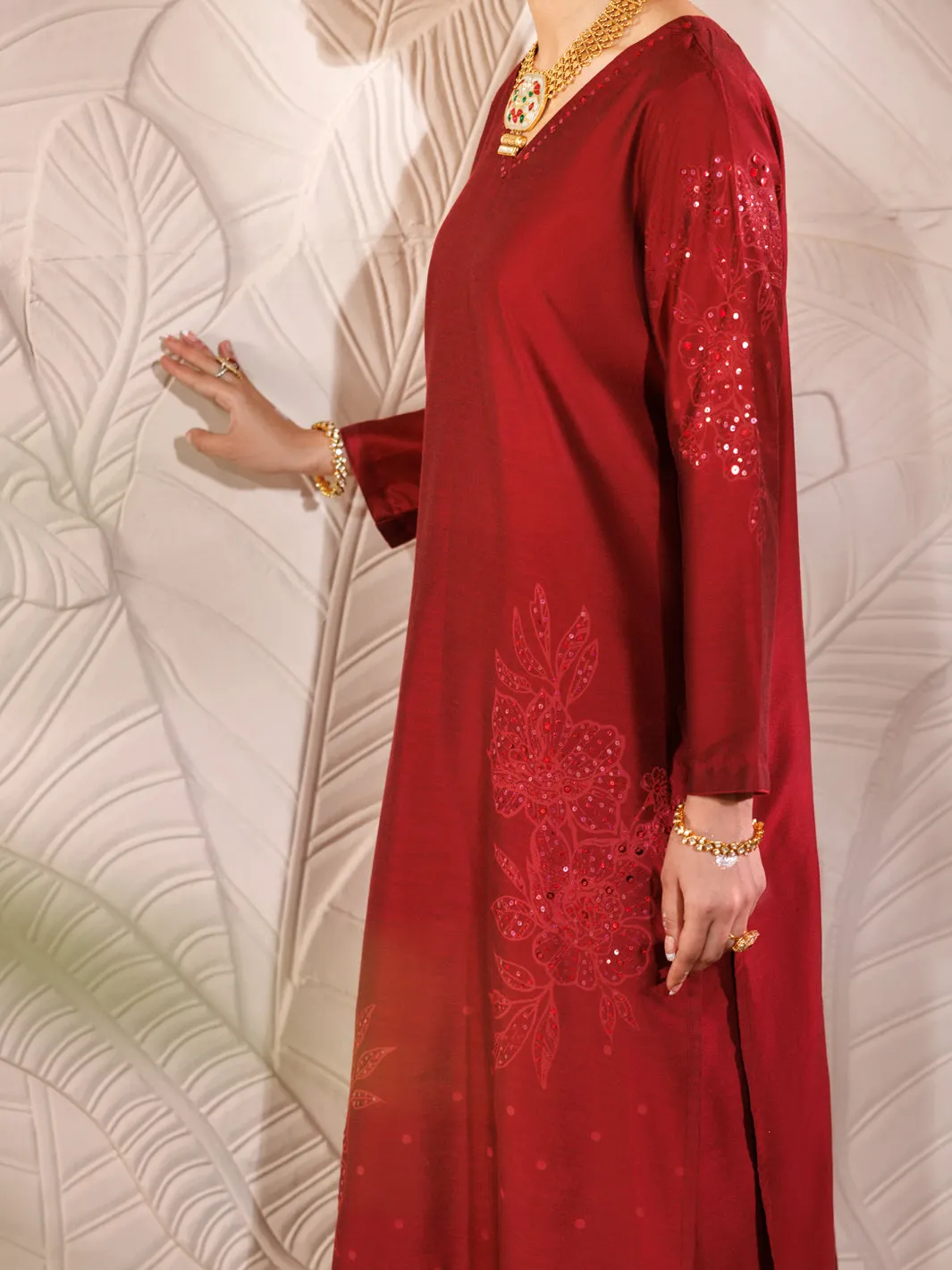 Maroon Raw Silk 2 Piece Formal Stitched - AL-LS-LKS-478