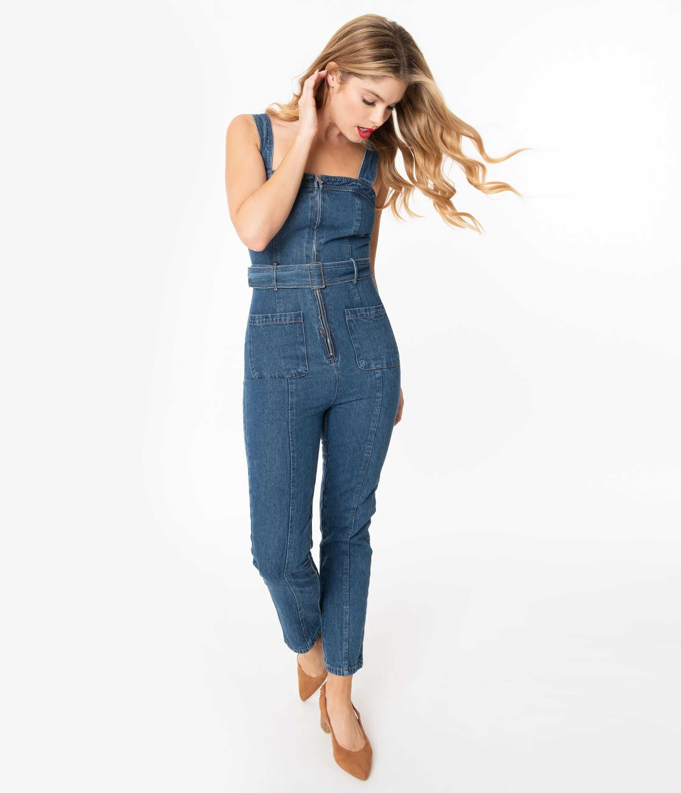 Medium Blue Denim Zip Front Belted Jumpsuit