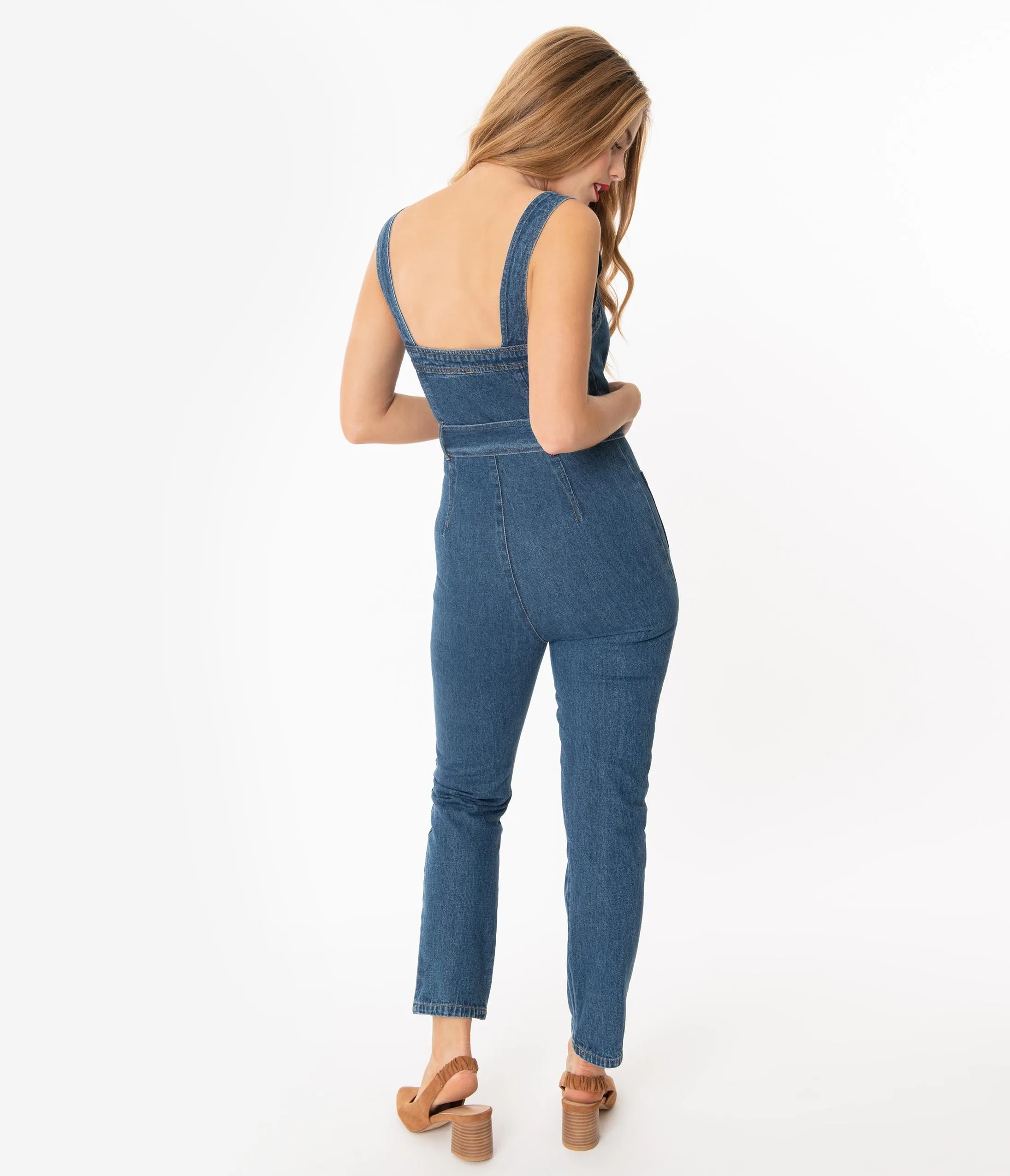 Medium Blue Denim Zip Front Belted Jumpsuit