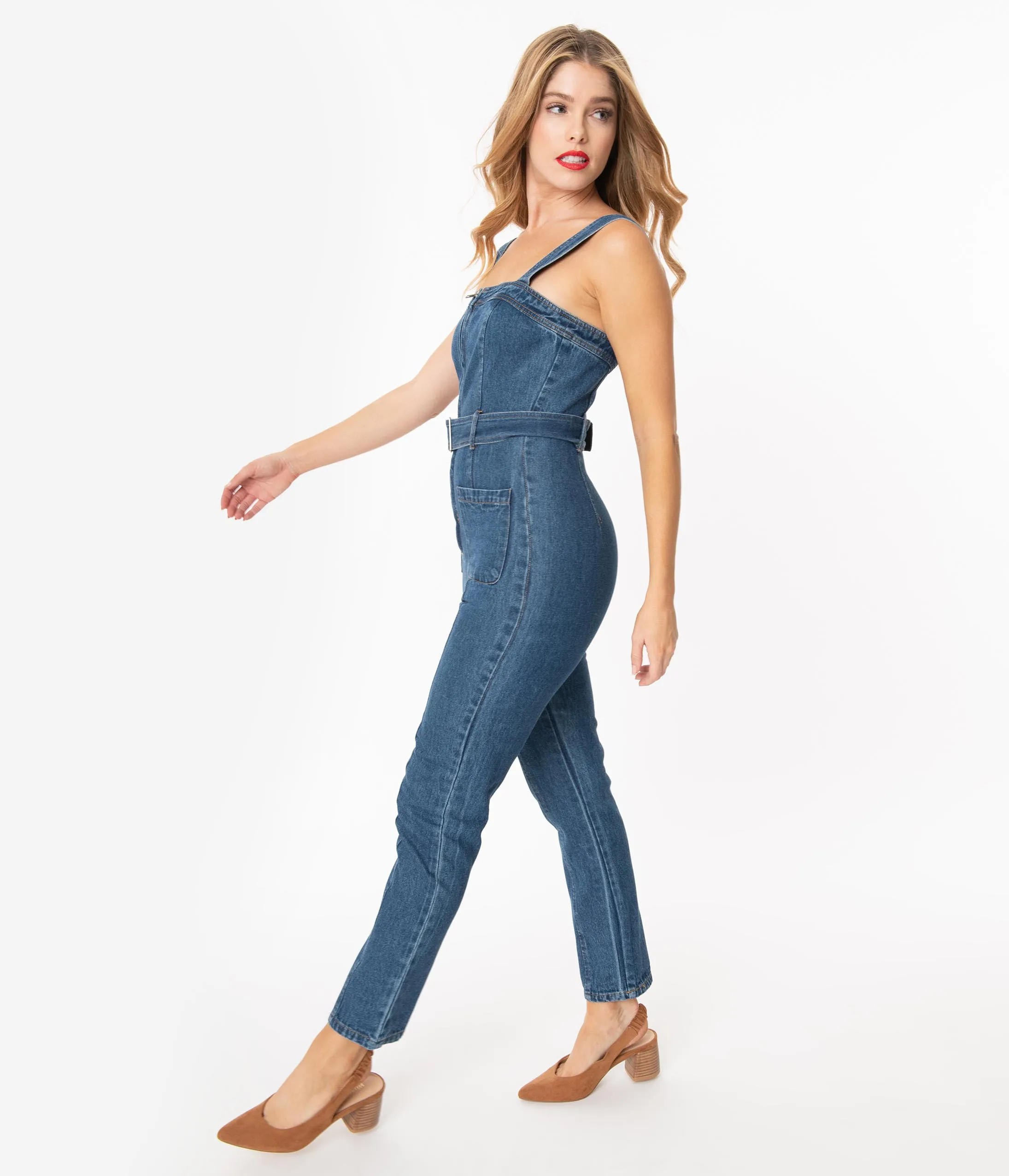 Medium Blue Denim Zip Front Belted Jumpsuit