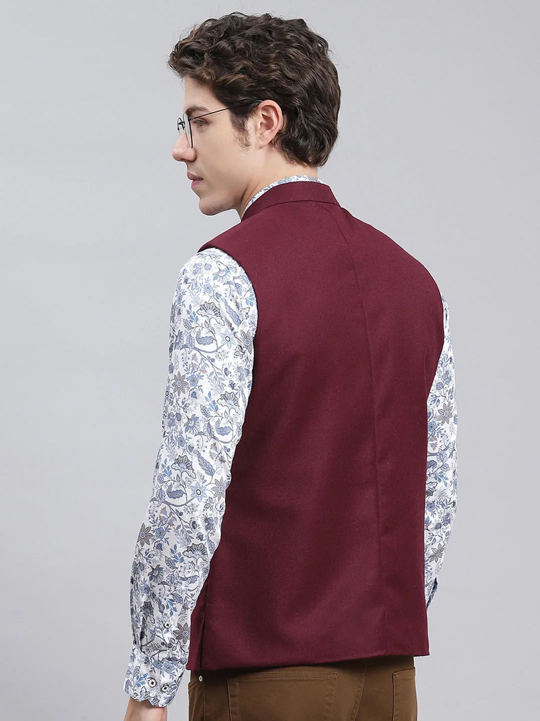 Men Maroon Solid Wool blend Coat