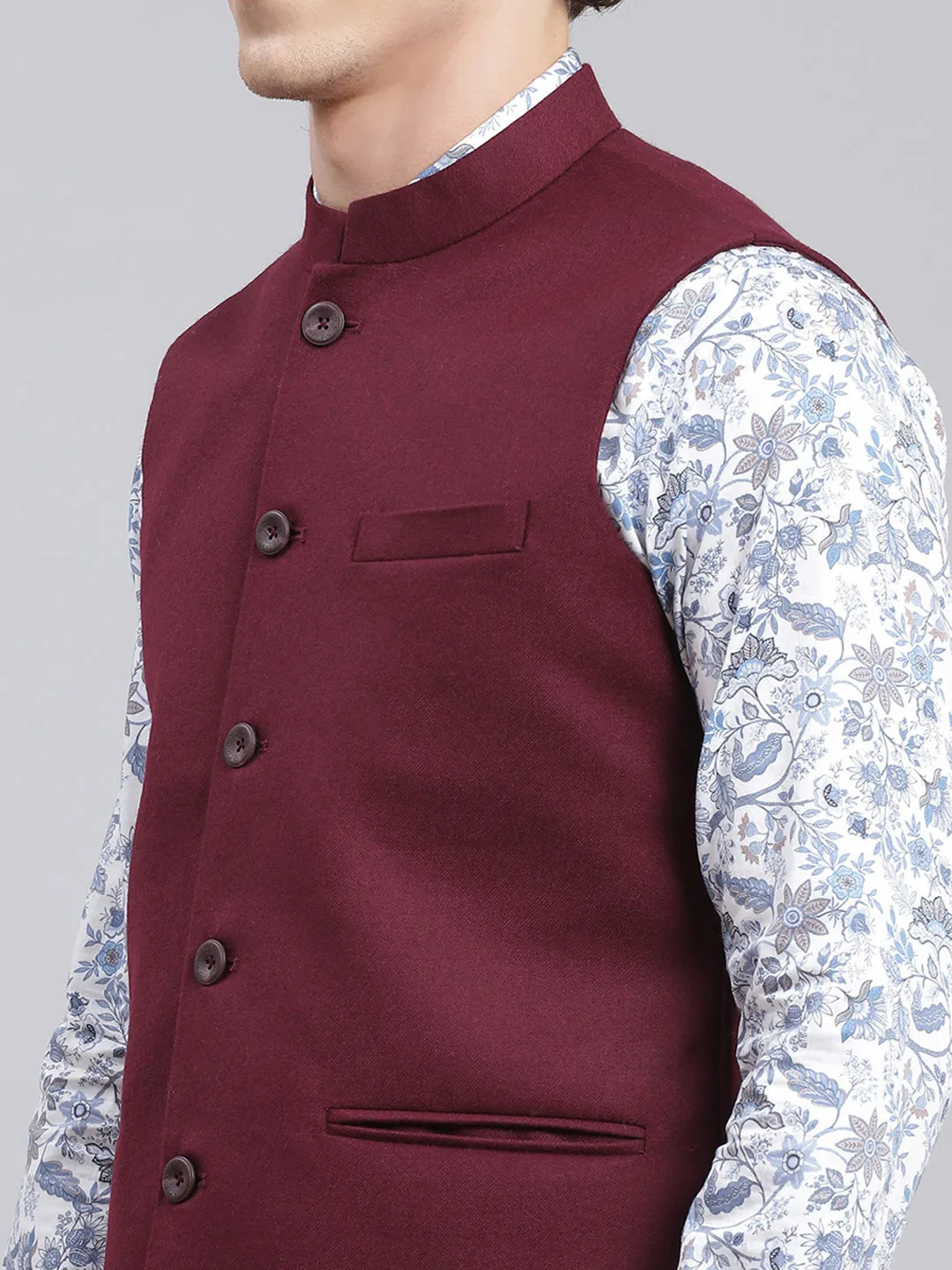 Men Maroon Solid Wool blend Coat