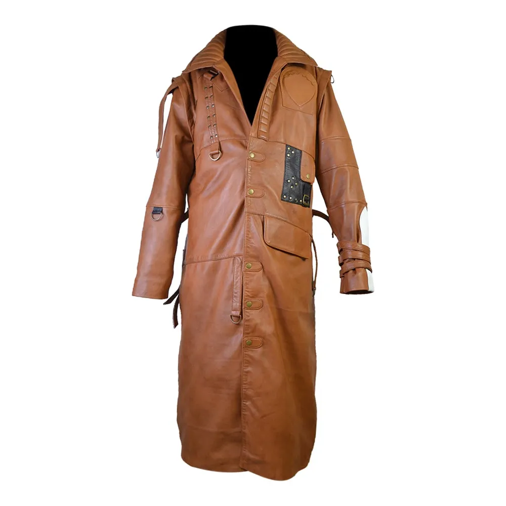 Mens Designer Tan Cosplay Costume Leather Trench Coat