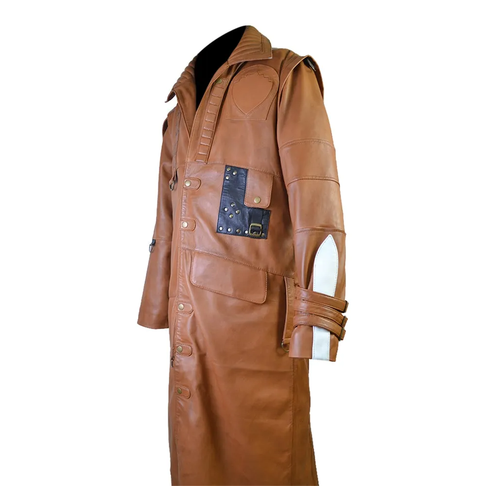 Mens Designer Tan Cosplay Costume Leather Trench Coat