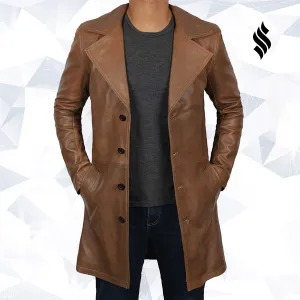 Mens Jackson Distressed Brown Winter Car Leather Trench Coat