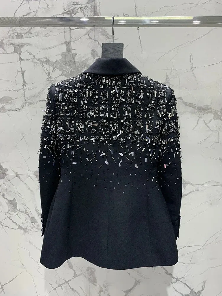 Metaversmall Solid Spliced Diamonds Slim Blazers For Women Notched Collar Long Sleeve Tunic Patchwork Button Chic Coat Female