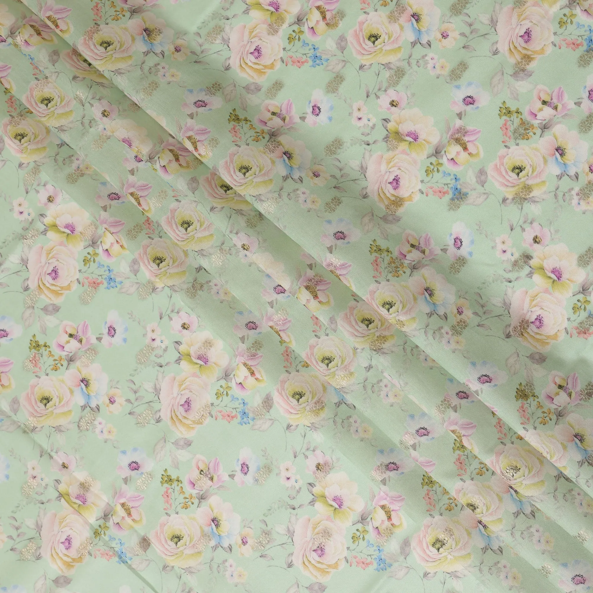 Mint Green Viscose Blended Fabric with Pastel Floral Embroidery, 110 cm Width-D20442