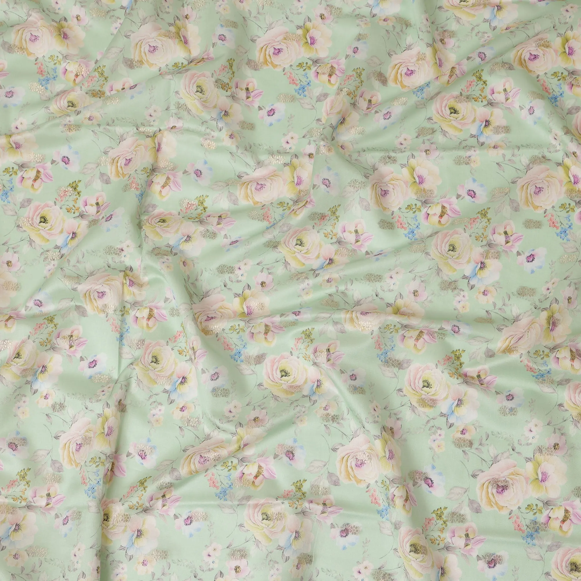 Mint Green Viscose Blended Fabric with Pastel Floral Embroidery, 110 cm Width-D20442