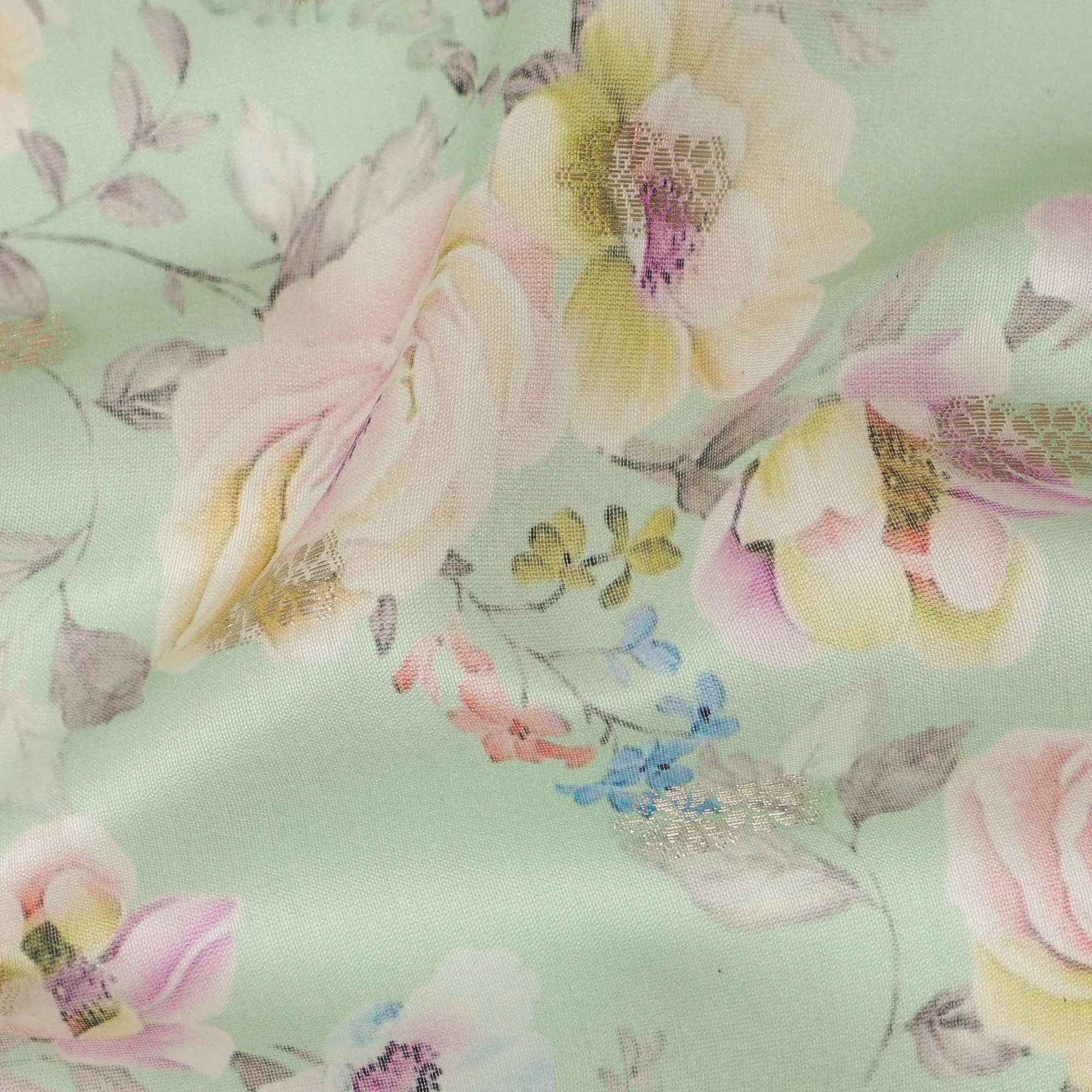 Mint Green Viscose Blended Fabric with Pastel Floral Embroidery, 110 cm Width-D20442