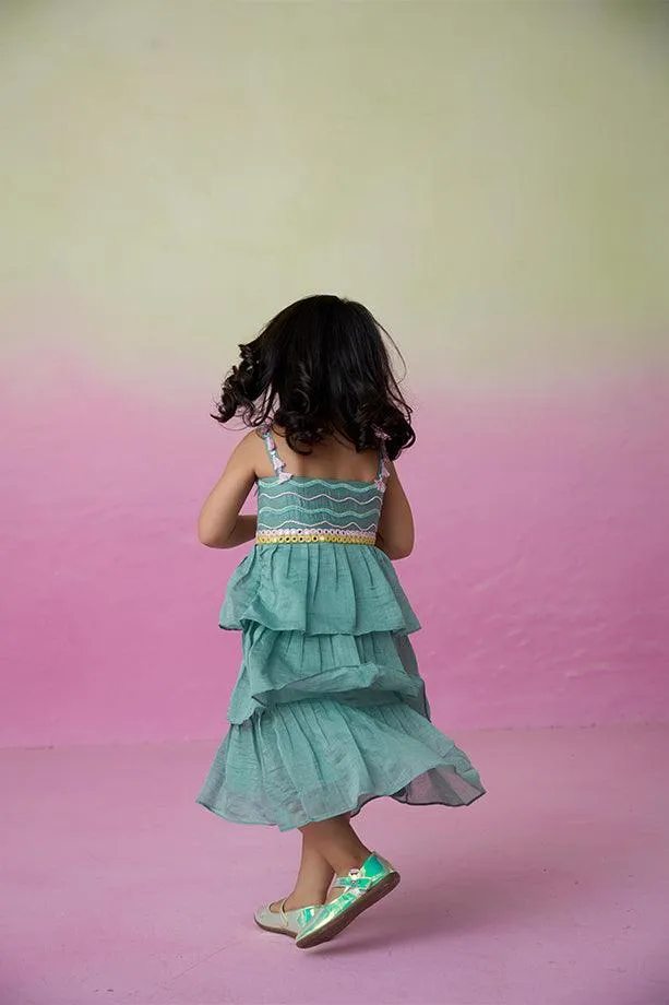 Minty Whirlwind-  Mint Hand Embroidered Layered Dress for Girls