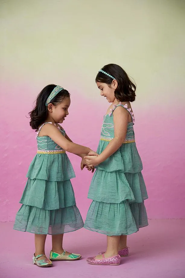 Minty Whirlwind-  Mint Hand Embroidered Layered Dress for Girls